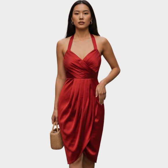 Alexia Admor Midi Dress Womens Large Red Wrap Bodice Empire Waist Made in USA - Picture 1 of 16